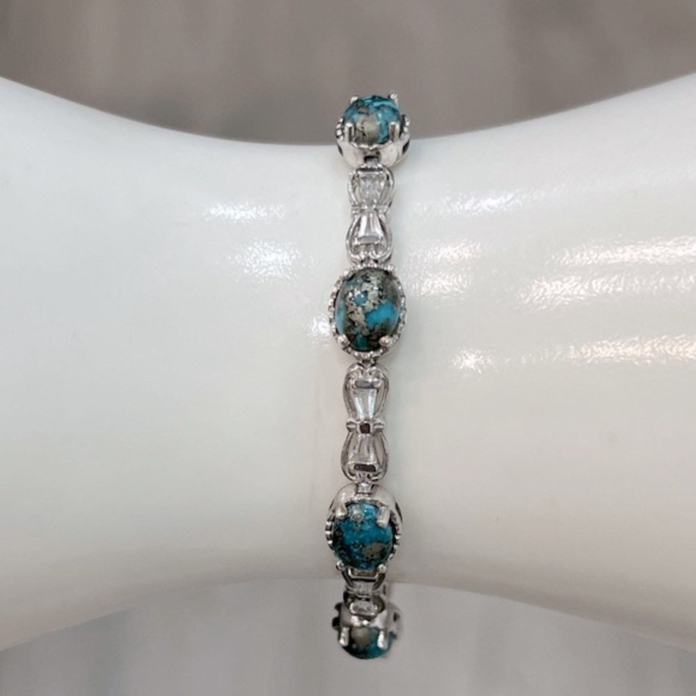 Persian Turquoise White Topaz Sterling Silver Bow Toggle Clasp Bracelet